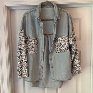 Woman’s Denim jacket oversized button down with animal print accents